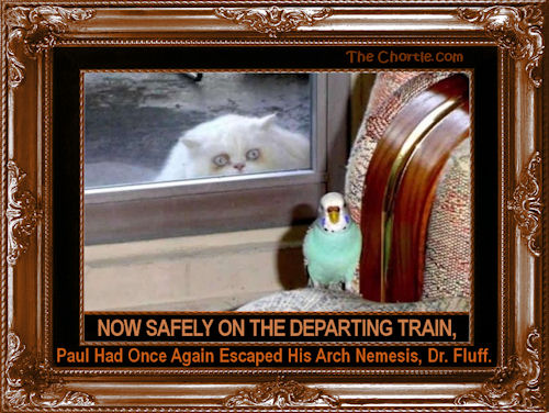 Now safely on the departing train, Paul had once again escaped his arch nemesis, Dr. Fluff.