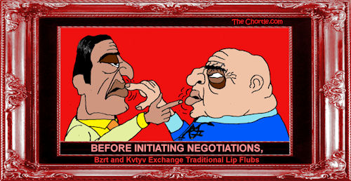 Before initiating negotiations, Bzrt and Kvtyv exchange traditional lip flubs.