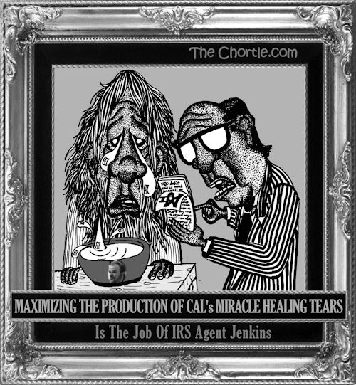 Maximizing the production of Cal's miracle healing tears, is the job of IRS agent Jenkins.