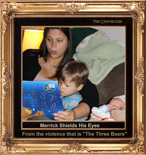 Merrick shields his eyes ftom the violence that is "The Three Bears"