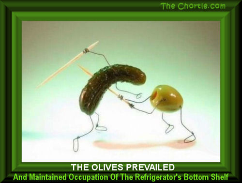 The olives prevailed and maintained occupation of the refrigerator's bottom shelf
