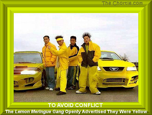 To avoid conflict, the Lemon Miringue Gang openly advertised they were yellow