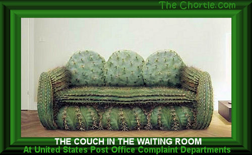 The couch in the waiting room at the United States Post Office complaint department.