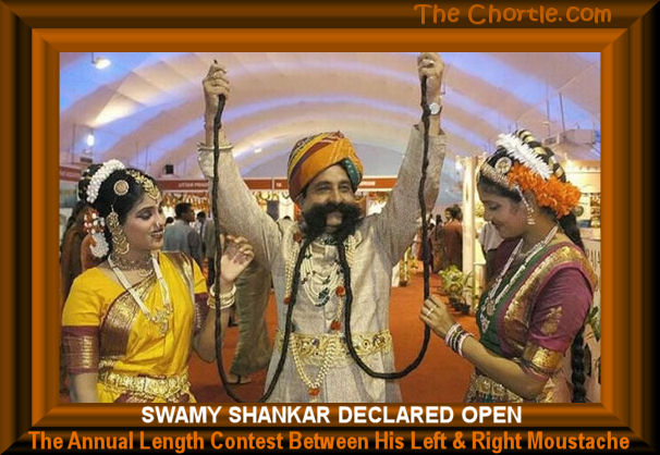 Swamy Shankar declared open the annual length contest between his left and right moustache.