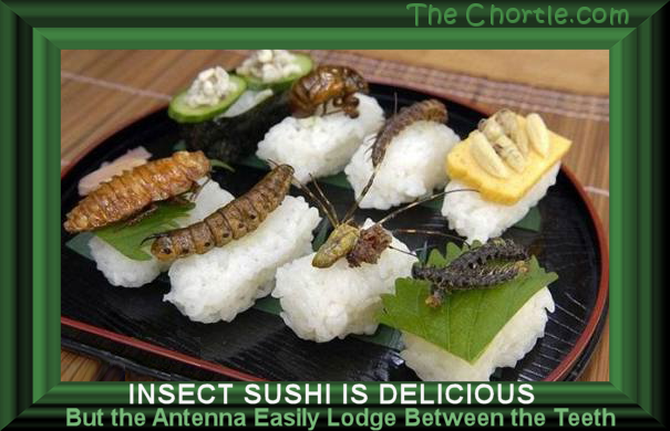 Insect sushi is delicious but the antenna easliy lodge between the teeth.