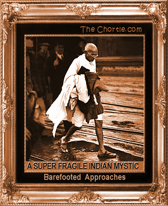A super fragile Indian mystic barefooted approaches.