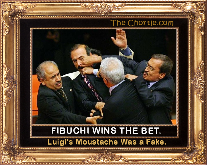 Fibuchi wins the bet.  Luigi's moustache was a fake.