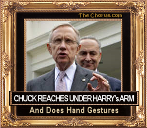Chuck reaches under Harry's arm and does hand gestures