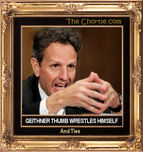 Geither thumb wrestles himself and ties.