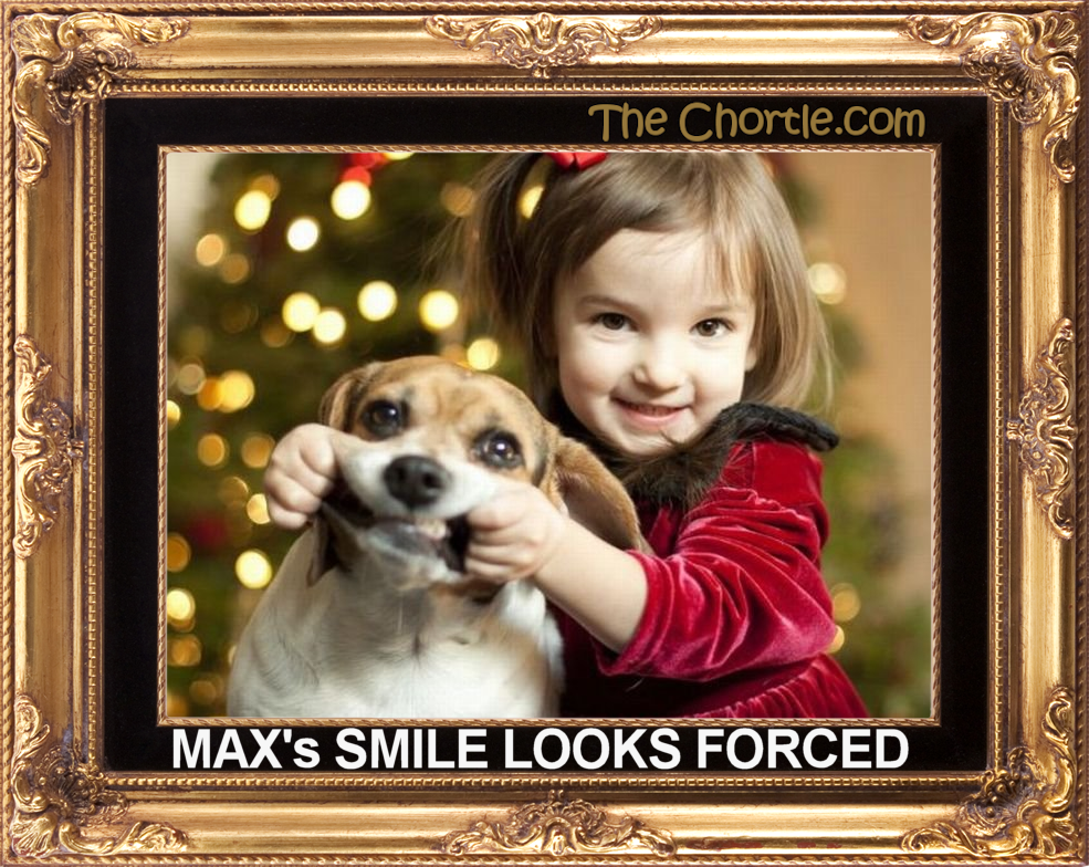 Max's smile looks forced.